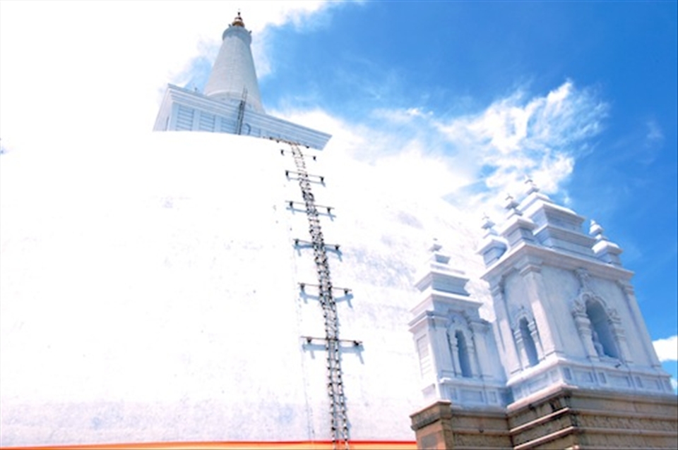 A ladder climbs up the side of Ruwanmalisaya as if it were a stairway to heaven.