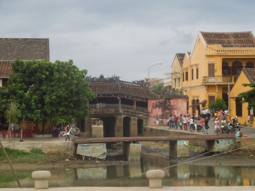 Sightseeing in the ancient city- view of the old Japanese bridge