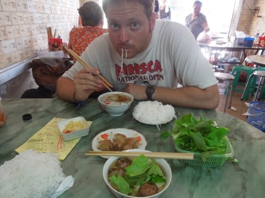 Trying some Hanoi specialty street food! I don't remember what this was called-- but it was DELICIOUS