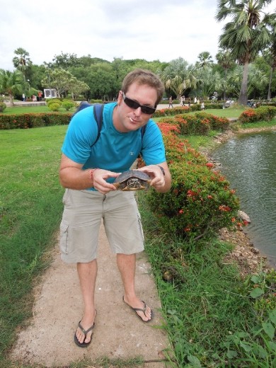 We find a turtle by another pond! Joe saves it (it was stuck in a bush) and for the 2nd time today gets good kharma by setting an animal free...