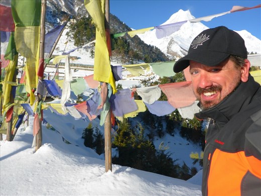 Manaslu morning, prayer flags at Lho
