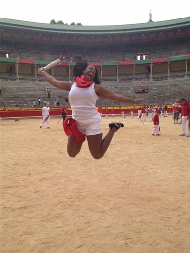 Victory Jump after running with the Bulls in Pamplona, Spain