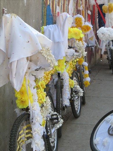 Waiting for the parade to begin, the decorated bikes anticipate their riders.