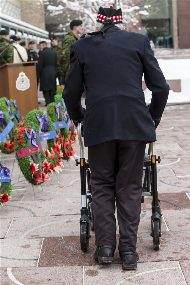 The soldiers that perished in the war are celebrated and remembered, and Canadians must not forget those veterans that survived and travelled home with physical and emotional scars.   To commemorate their heroism and bravery in serving and protecting our nation, the Remembrance Day gathering is a public display of patriotism.  The veteran in his creased jacket, trudging with his walker past the “wreaths of poppies” display, is a reminder of the memories and burden of war that will forever haunt our veterans’ remaining years.