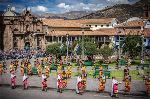 After starting at Qorikancha, the temple of the sun, nearly five hundred processioners parade around the Plaza de Armas, dancing, singing and throwing flowers.  After a reading of the sacred coca leaf to divine the future of the empire, the throng winds their way up to the fortress, Saqsayhuaman, for the final ceremony.