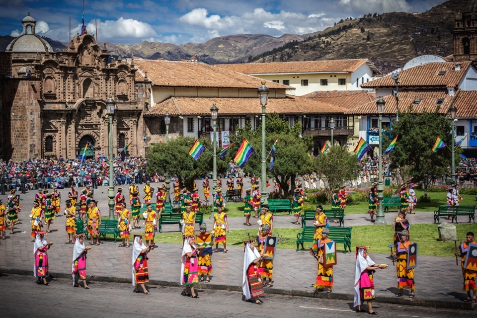 After starting at Qorikancha, the temple of the sun, nearly five hundred processioners parade around the Plaza de Armas, dancing, singing and throwing flowers.  After a reading of the sacred coca leaf to divine the future of the empire, the throng winds their way up to the fortress, Saqsayhuaman, for the final ceremony.