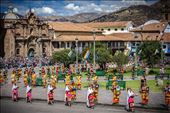 After starting at Qorikancha, the temple of the sun, nearly five hundred processioners parade around the Plaza de Armas, dancing, singing and throwing flowers.  After a reading of the sacred coca leaf to divine the future of the empire, the throng winds their way up to the fortress, Saqsayhuaman, for the final ceremony.: by shirak, Views[599]