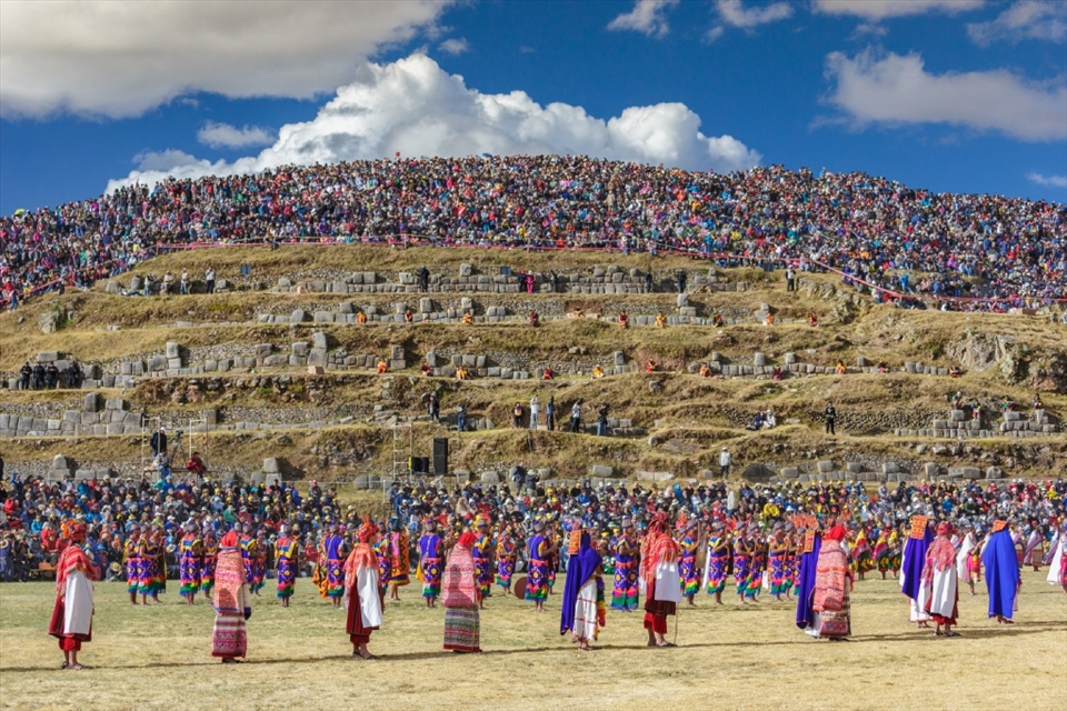 Hundreds of colorful onlookers watch the equally colorfully clad participants from the tops of the Saqsayhuaman fortress.  Thousands of people come from all over the world every year to watch this performance.   Even though it is now a pageant, for those chosen to participate in the reenacting, it's a great honor and a source of cultural pride, a reminder of the importance that the sun had for their Incan ancestors. 
