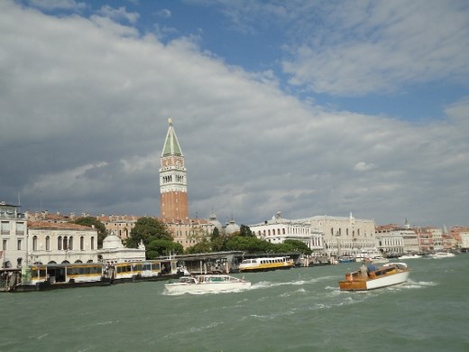 A view of Venice with the Bell Tower from a vaporetto. 