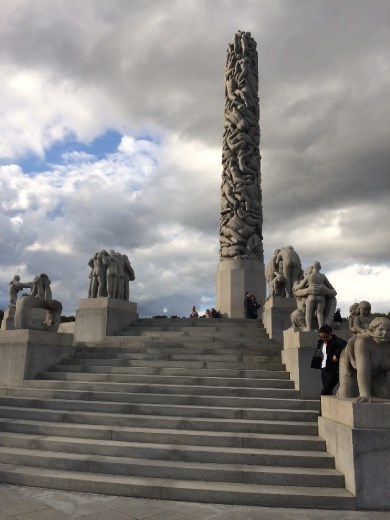 Vigeland's obelisk standing as the crowning pillar of Vigeland Park.