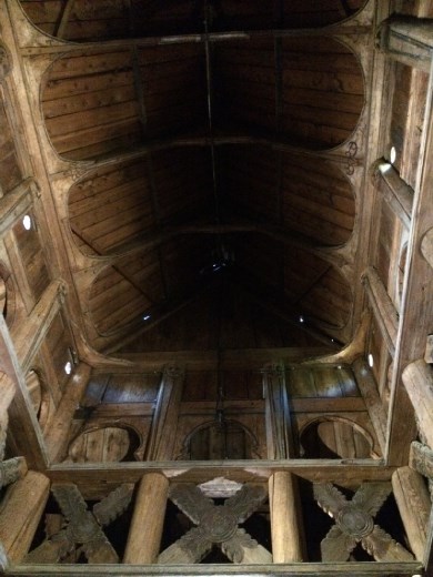 Inside the stave church looking up at the roof.