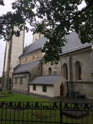 St. Mary's church in Bergen. If you look closely you'll see the difference in window arches due to the repair or addition to the church.