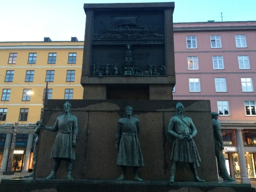 A statue in Bergen depicting it's changes through history. Here are the Vikings.