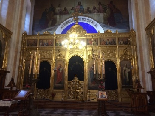 Poor lighting (sigh), but some idea of the interior of the Orthodox Church.