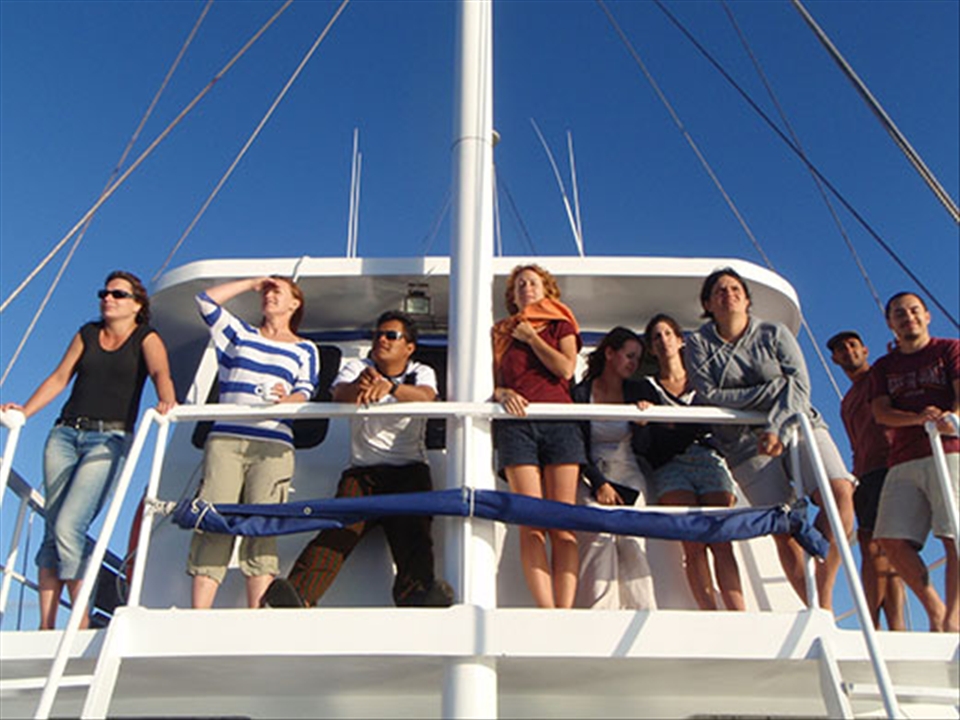 Everyone piled on the front of the boat in hopes of seeing whales.