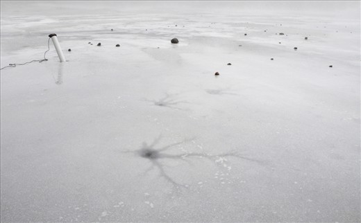 These two photos, two works are made ​​one in Italy (Lake Campotosto) and the other on a lake in New Hampshire USA.
The photos are working with audio recordings that I make below the icy surface.
Besides the aesthetics of the image, I look for the union between the human being and nature, in this case flying stones on the surface of the ice, making the lake to work as a sound box.
The title of Europe moon, is in reference to one of the satellites of Jupiter.
Where there is water and the possibility that humans may one day live there