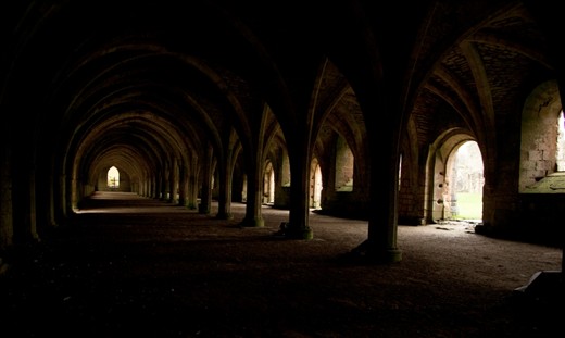 A Cellerium of a rundown abbey, i like how the light is seeping in through the doors and windows