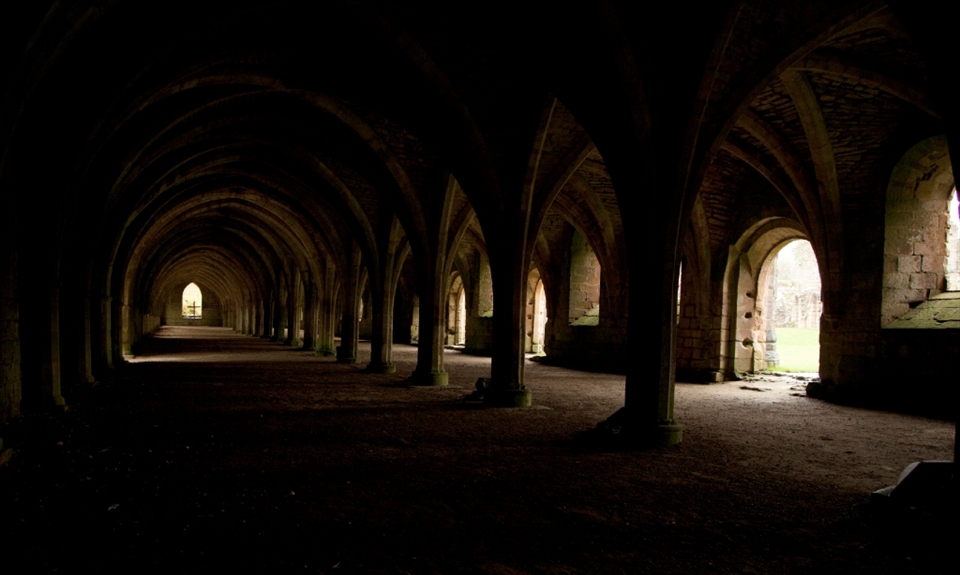 A Cellerium of a rundown abbey, i like how the light is seeping in through the doors and windows