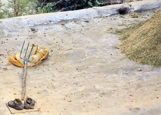 In Looking up around kurd village, I saw this scene.
On roof a dropped hayfork and a pair of old shoes at the bottom it and a stack of hay.
Somehow it makes sense of Poor economic conditions and agricultural in kurdistan.
