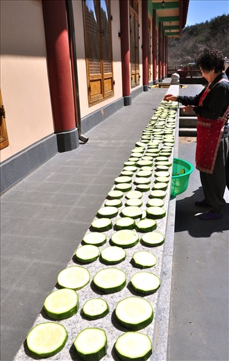 Cumbersome Cucumbers for All Comers. Meticulously arranged sliced cucumbers are sun dried on the terrace of a Buddhist temple’s dining hall with a capacity of more than a hundred.  Each mealtime, a mix of all ages –juveniles undergoing reformation, travelers experiencing culture, locals seeking solace, martial arts aficionados—converge to enjoy all-vegetable dishes lovingly prepared by the likes of this grandma. (Gyeongju, South Korea)