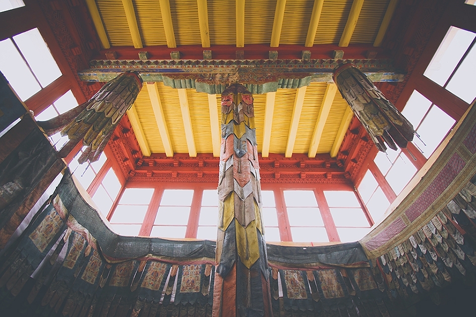 The inside of a buddhist temple in Leh, Ladakh at Kashmir shows the unified symmetry in the culture that presides among the populous of the state.