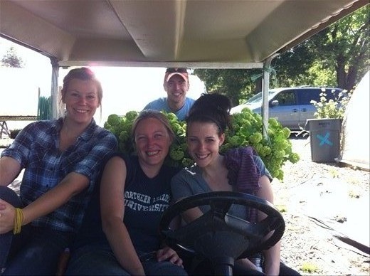 Myself, Brittany, Josh and Jen riding the golf buggy 'Wonka'. Farming 11 acres would be hard without him!