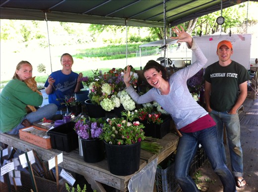 Kim, Brittany, Jen and Josh at the flower station getting ready to make  bouquets - my favourite part of the day! 