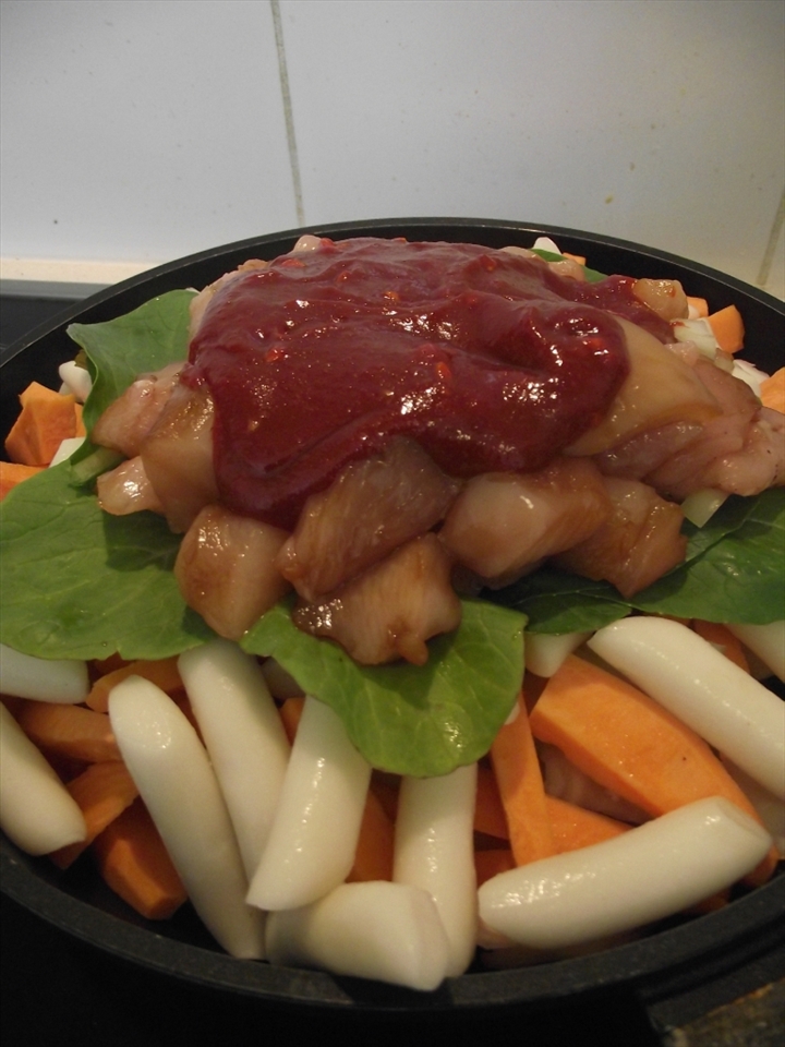 In the pan ready to cook