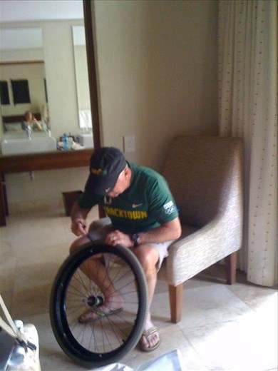 One of the pains of there being trees with huge thorns and a windy day.  Denise encountered some thorns on the path by accident.  She had two flat tires on this day.  Thanks for the repairs John!