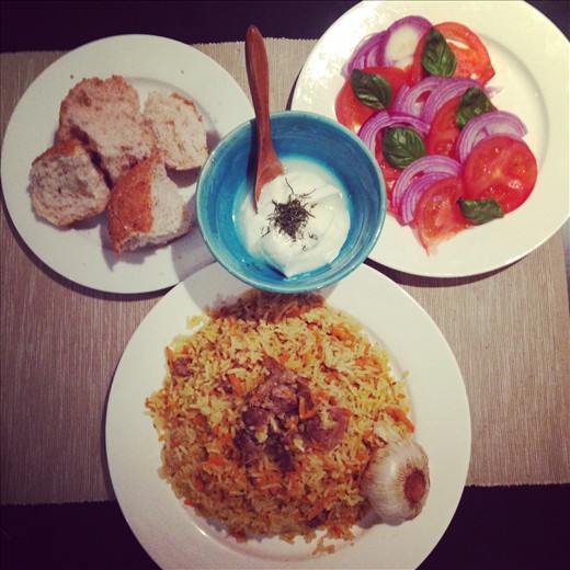 Plov, Dill Yoghurt, Fresh salad & Bread