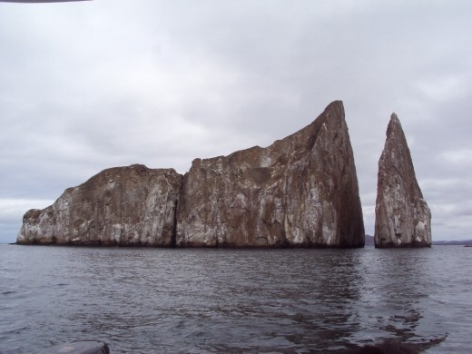Leon Dormido rock. We went snorkelling in the channel in between the rocks which is where we saw marine turtles, eagle-spotted rays and Galapagos sharks.