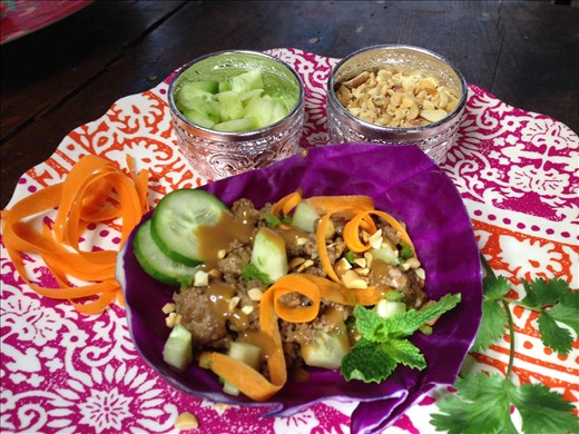 Plated final dish of the Thai Lettuce Cups w/ Dipping Sauce and Garnish