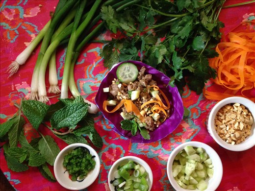 Platter of aThai Lettuce Cup with Garnish and Fresh Herbs