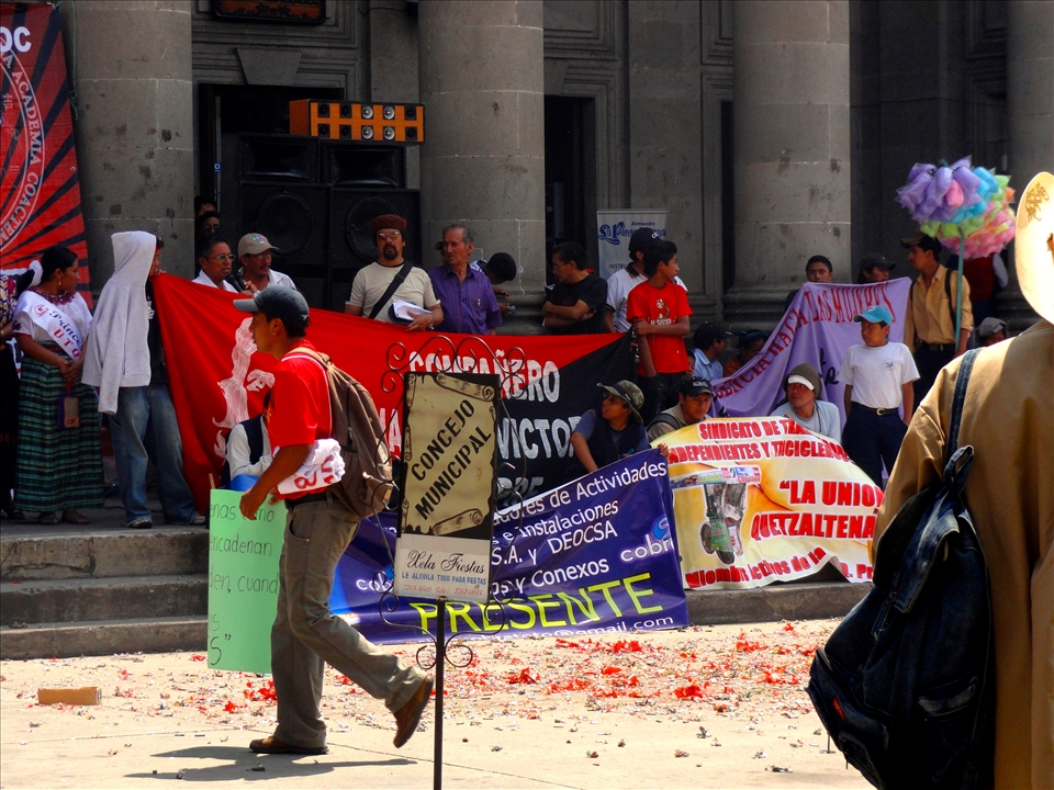 Watching a political protest in the Central square of Xela, Guatemala