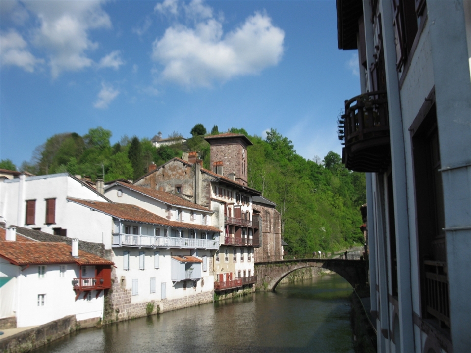 The bridge leading out of St. Jean Pied-de-Port, France at the foot of the Pyrenees.  This is the starting point just outside of Spain for the Camino de Santiago that will run nearly 800 kilometers to Santiago de Compostela near the Atlantic Ocean.  The first day of the walk will be over the Pyrenees, to the high point of the Col de Lepoeder at 1450 meters above sea level, to reach the Spanish town of Roncesvalles on the other side.