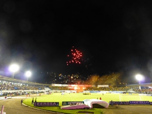 Barcelona fans respond with a full on fireworks display.