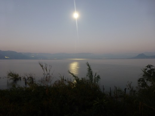 The sun setting over lake Atitlan.