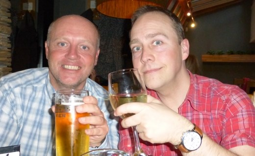 Cheers, Steve and Peter enjoying the bevvy as they in da pool !