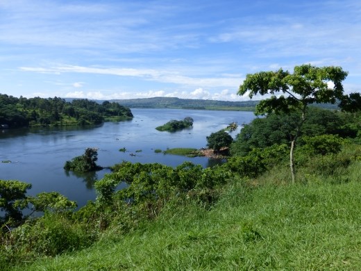 The view of the source of the Nile from the western bank where Speke first set eyes on it.