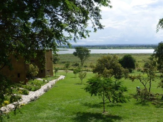 The hotel is set in lush gardens.