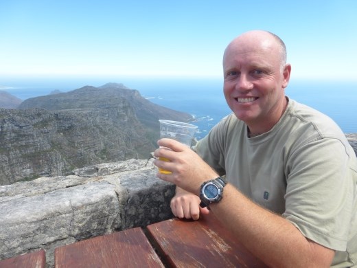 Enjoying a well earned drink on Table Mountain.