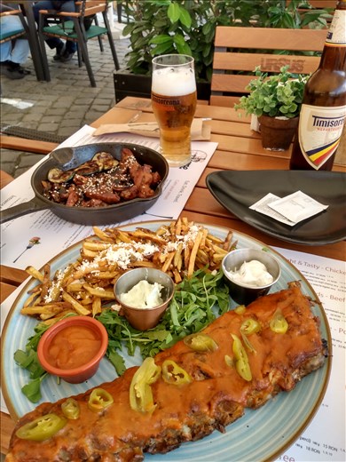 Our first Romanian meal. The gunk on the ribs doesn't look promising but it was tasty and the ribs were delicious.