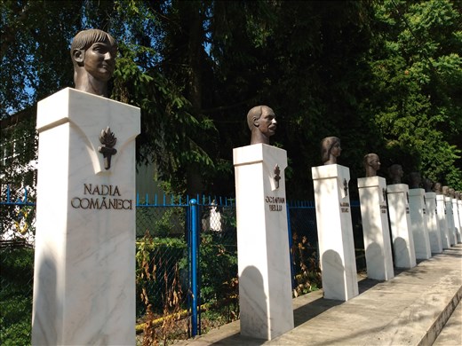 Statues of famous gymnasts who trained for the Olympics in Deva. Nadia Comăneci being the most famous.