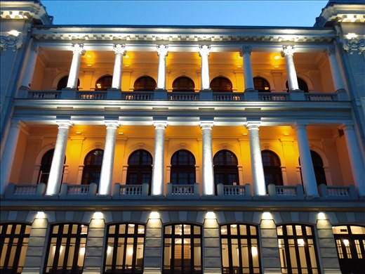 The theatre at night.