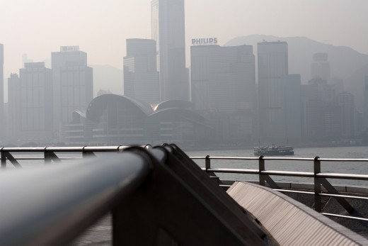 The air pollution is evident in the daytime as the light is scattered.