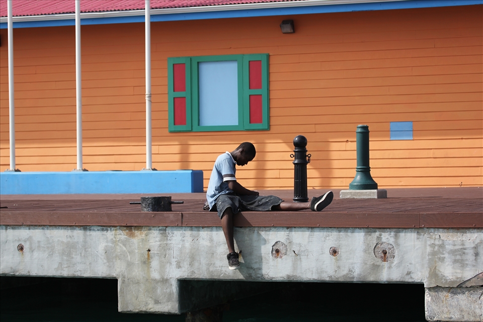 Boy is fishing on the pier. Looking for food.