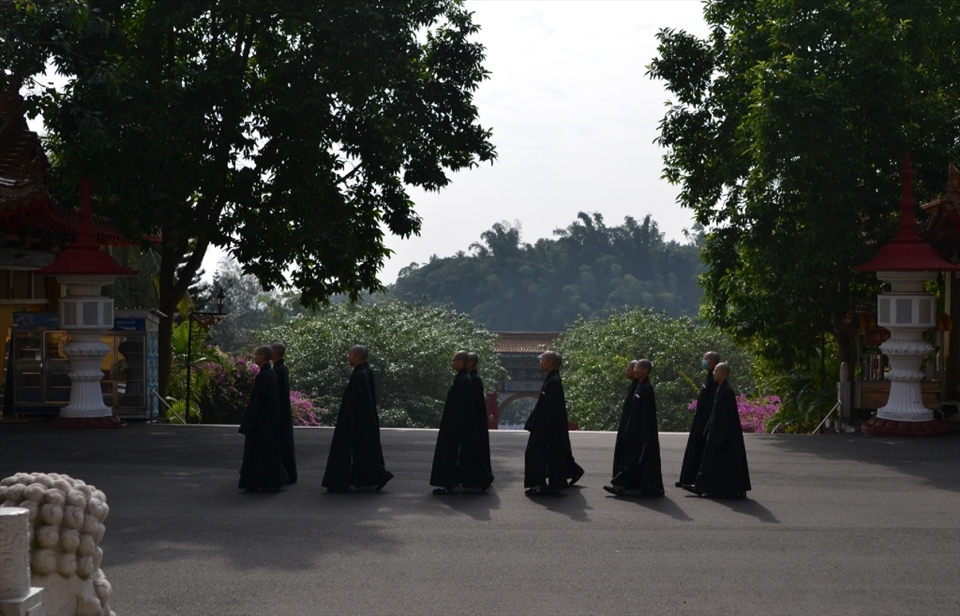 This photo portrays peace and discipline found in monks as they walk in perfect straight lines towards their next destination. 