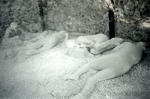 Plaster moulds of people buried by ash from the eruption of Mt Vesuvius that obliterated Pompei in 79 A.D. (The garden of the fugitives)