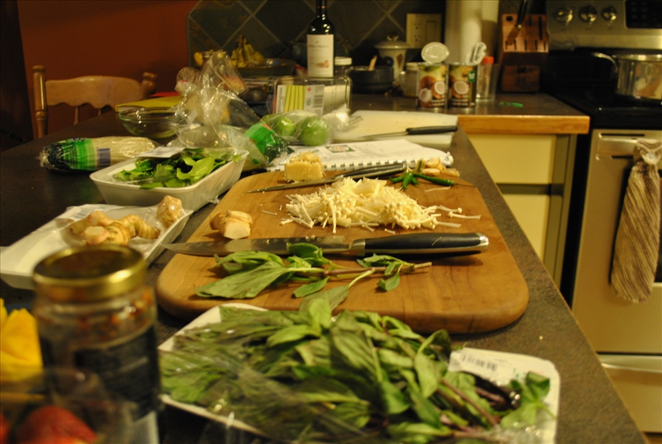 Slicing my ingredients, and making a mess of the kitchen!