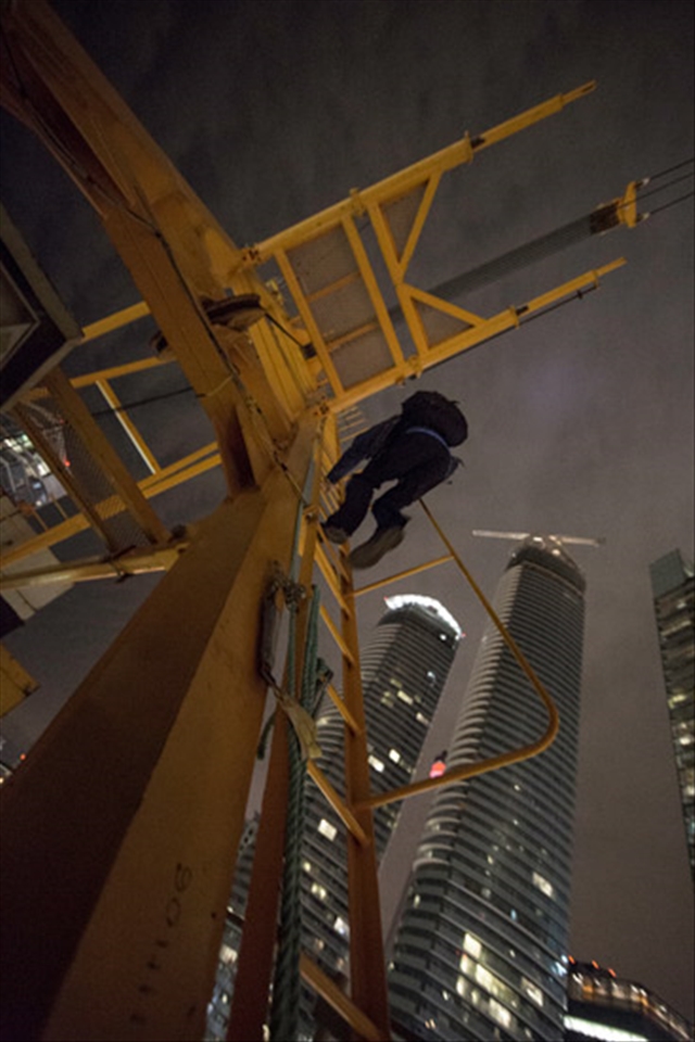 Each step becomes larger as the ladder becomes smaller, converging lines surround us. It feels as if soon the ladder will be too small to scale. Progressively it begins to feel more dangerous as the ground becomes more and more distant. 